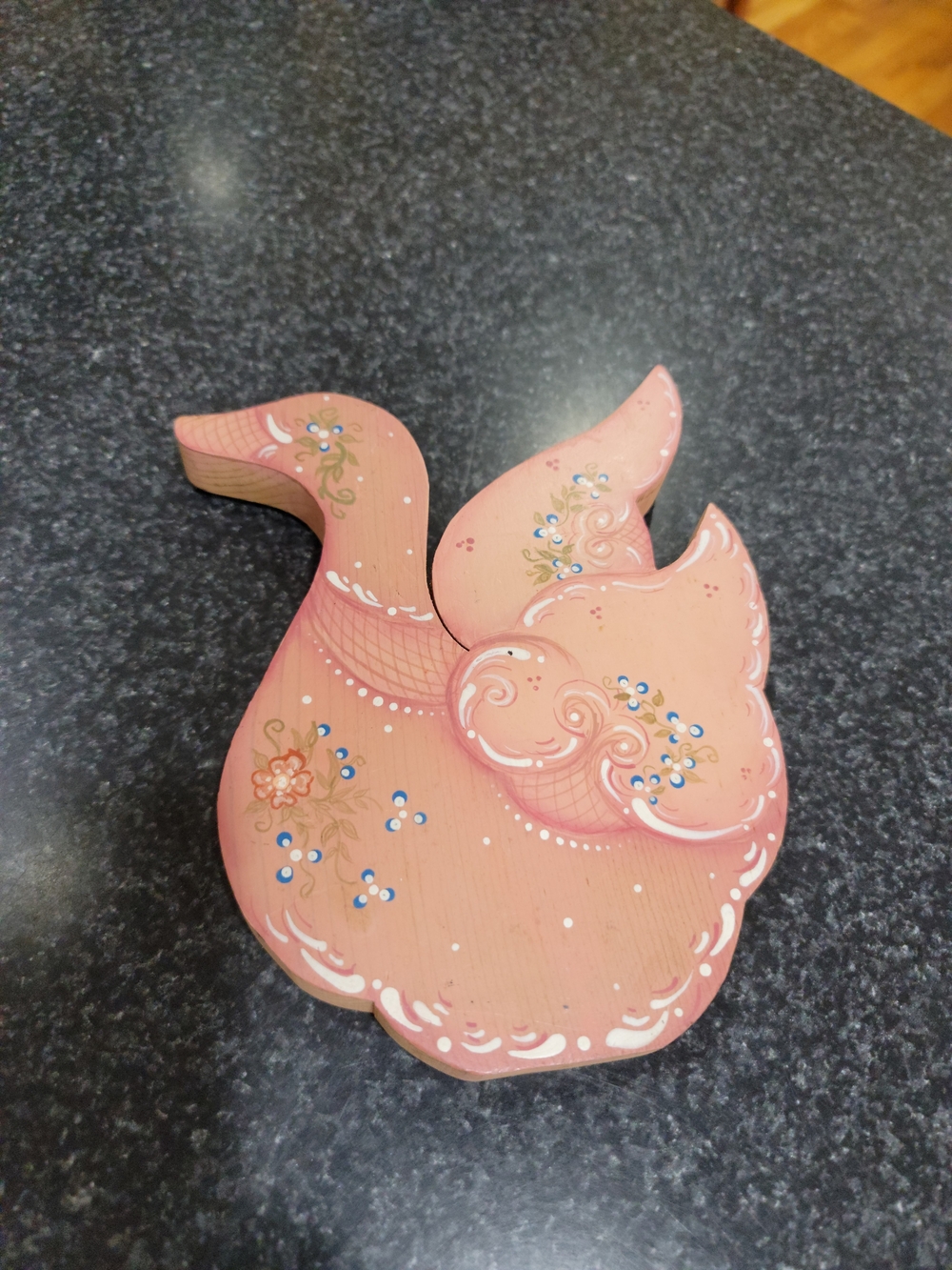 Vintage handmade wooden folk art swan hand-painted floral Country Cottagecore